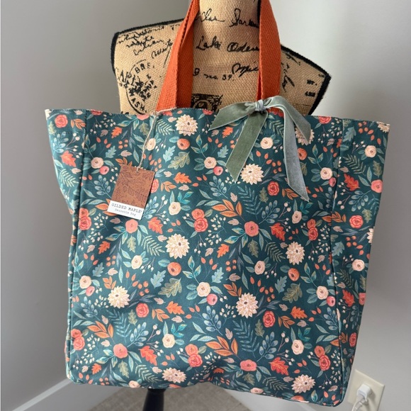 Handbags - Floral Tote Bag with Orange Handles